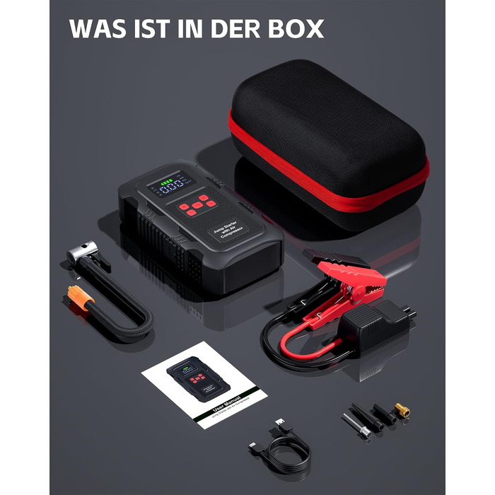 Пусковий пристрій Povasee Jump Starter 9000A з компресором 150 PSI та павербанком, автомобільний бустер 12V для бензинових та дизельних авто, з ліхтарем (Чорно-червоний)