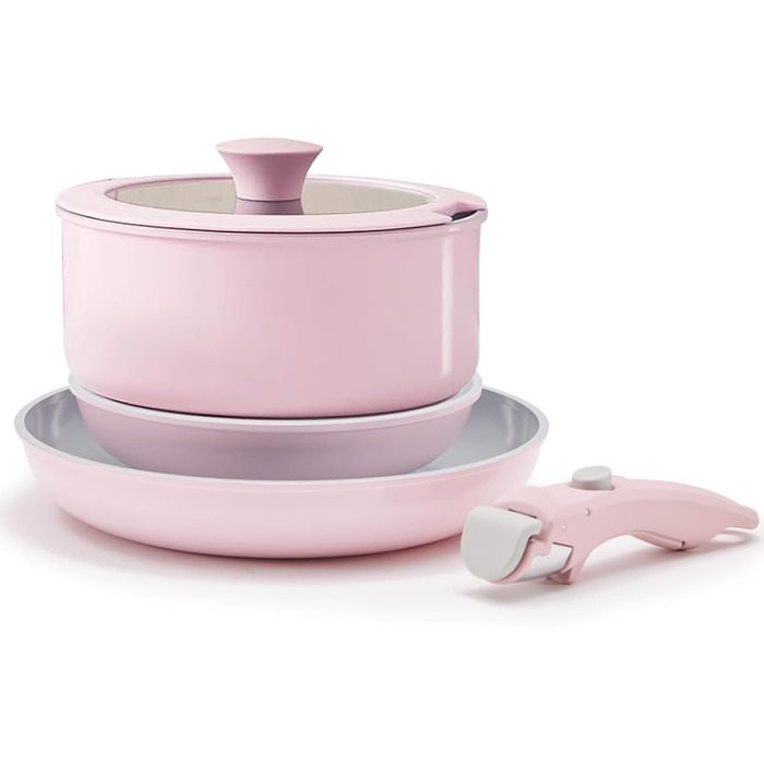 Набір посуду з кераміки 9 шт: сковороди та каструлі з антипригарним покриттям, Induktion та духовка, без PTFE та PFOA, кремовий (5 шт) рожевий