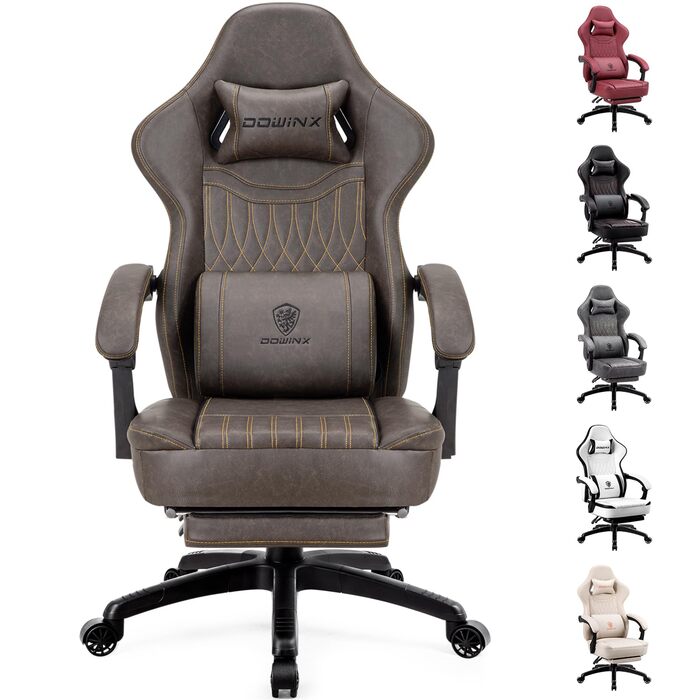 Ігровий крісло Dowinx з пружинним сидінням, Масажний геймерський крісло з підтримкою попереку, Ергономічне ігрове крісло з підніжкою, Офісне крісло з PU шкіри, Колір: Коричневий