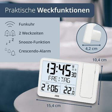 Digital Radio Alarm Clock with Projection and Outdoor Sensor | Projection Alarm Clock with 2 Alarm Times | Clock with Temperature Display, Date, and Day of the Week | Includes Power Cable | White