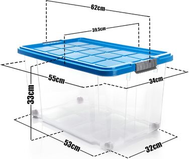 BigDean 4-Piece 60L Storage Boxes with Lid Large Steel - Stackable, Robust Box BPA-Free - Rollable Storage Box with Secure Click Closures - Made in Germany (Blue)