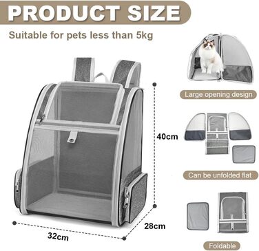 Рюкзак-переноска для кота/собаки, 40x32x28 см, сірий. Ідеально для тварин до 5 кг