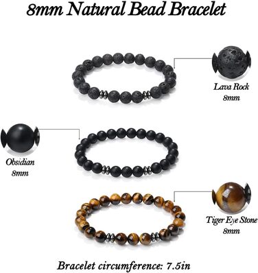 Чоловічі браслети з натурального каміння: тигрове око, чорний лава, онікс. Набір з 3-4 браслетів. Чудовий подарунок для чоловіків.