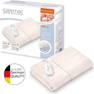 Електричний підігрівач Sanitas SWB 21 з м'якого флісу, з фіксувальними стрічками, системою безпеки, 3 температурними рівнями, придатний для прання, розмір 150 x 80 см, сумісний з більшістю матраців. Новий дизайн у білому (та бежевому кольорі)