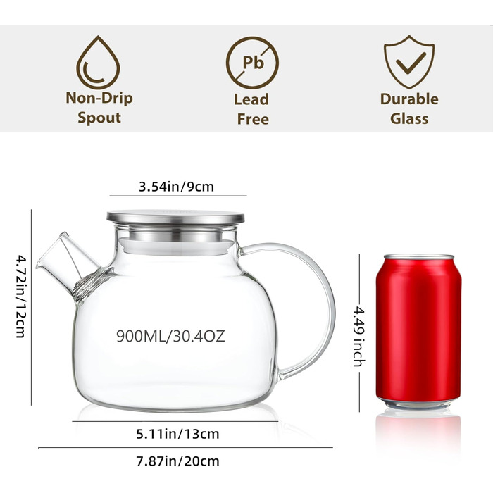 Скляна чайник CnGlass з ситечком, стійкий до плити, 900мл, з нержавіючою кришкою