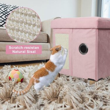 BRIAN & DANY Foldable Cat Cave Large Cat, Cat House Cave for Cats with Scratch Board and Play Ball, Storage Ottoman Seat Stool Footstool with Wooden Feet 37.5 x 32.5 x 36 cm, (Pink)