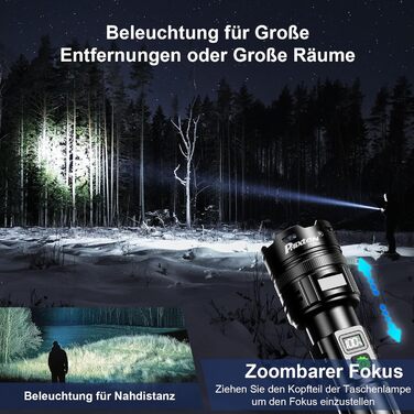 Ліхтар PHIXTON LED акумуляторний тактичний, 500000 люмен, 1 режим, велика дальність, Zoom, USB-C, 32 Вт·год