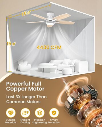 106 см стельовий вентилятор з підсвічуванням та двосторонніми лопатями, тихий вентилятор з LED-лампою та пультом дистанційного керування для спальні/вітальні, DC мотор, колір - світле дерево