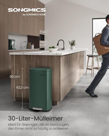 Відро для сміття SONGMICS 30 л, стале, з м'яким закриттям, з внутрішнім відром, для кухні, Vintage Green