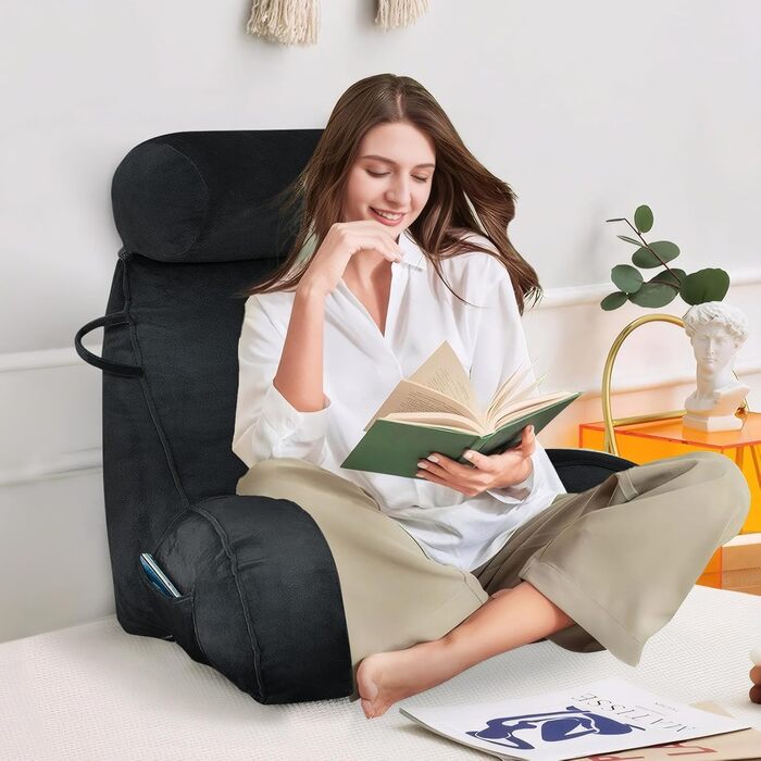 М'яке крісло-мішок для читання з велюру, чорне. З підтримкою спини та рук, з кишенею. Для дорослих.