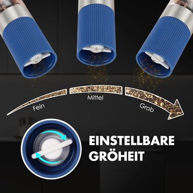 Набір міні-меленців для солі та перцю Vzaahu (2 шт.) з керамічним механізмом, кориця, регульована ступінь помелу, сірий та блакитний, портативні, багаторазові