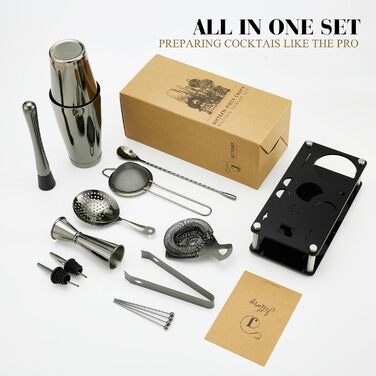 Набір шейкерів Boston - 16 предметів, нержавіюча сталь з акриловою основою, сито, щипці для льоду, барна ложка, мірний стакан, мадлер, виливний носик та шпажки для коктейлів (чорний)