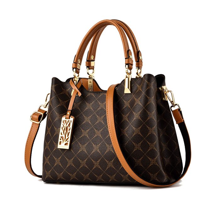 Сумка жіноча Nicole & Doris елегантна шопер середнього розміру з PU шкіри коричнева з брелоком