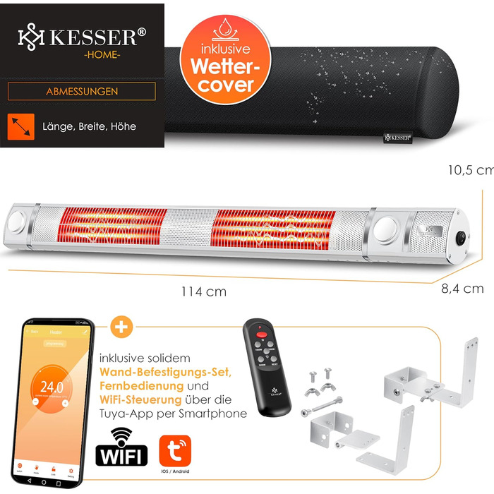 Інфрачервовий обігрівач KESSER® 3000W з LED-підсвічуванням, WiFi та пультом дистанційного керування. Підходить для тераси, кафе, бару. Обігрівач на стіну, кварцовий, з захисним чохлом.