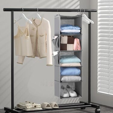 Органайзер для шафи Cozary з 5 відділеннями, складаний, з металевими гачками - сірий