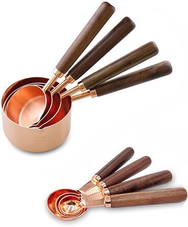 Alnicov Measuring Cups & Measuring Spoons 8-Piece Set, rose gold measuring spoons with walnut handle for the kitchen for measuring various ingredient quantities. For kitchen, cooking, and baking.
