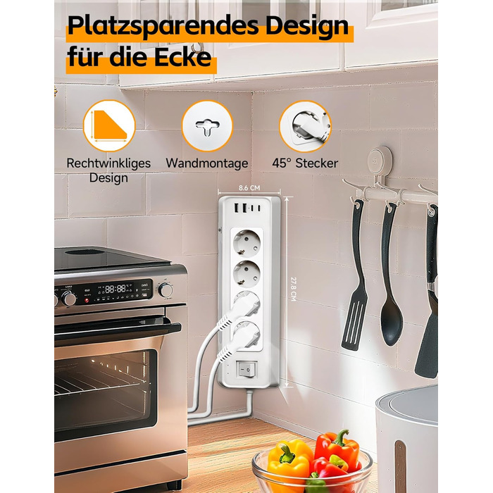 Кутова розетка для кухні Ecksteckdose, 4-портова з 2 USB та 2 Type-C, 3680W/16A з LED, захистом від перенапруги, економна для дому, офісу, кухні, настінний монтаж, кабель 2м білий, 4-портова