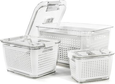 Freshness Food Storage Containers Set Refrigerator Organizer Reusable Storage Containers 3-Piece Set (0.5L+1.7L+4.5L) Plastic Refrigerator Organizer Set with Lid and Strainer (White, 3-Piece Set)