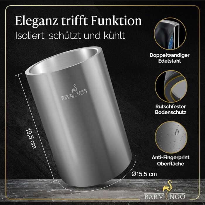 Охолоджувач для вина BARMINGO з нержавіючої сталі з 2 охолоджувальними акумуляторами – охолоджувач напоїв та флаконів для вина, шампанського, сект | Охолоджувач сект з подвійними стінками з охолоджувальними манжетами | Охолоджувач для винних пляшок | Сріб