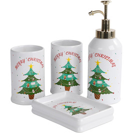 4-Piece Ceramic Bathroom Set, Artistic Line Face Bathroom Accessories Set with Soap Dispenser, Toothbrush Holder, Cup, Soap Dish, Abstract Bathroom Set for Decor, Cream (Christmas Tree)