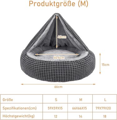 Ліжко для собак та котів середніх порід JOEJOY, кругле, з ковдрою, 66x66x15 см, сіре