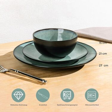 Набір посуду GBhome з каменю, 18 предметів, ручна робота, для 6 осіб, мікрохвильова та посудомийна машини, набір тарілок та мисок, Petrol
