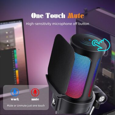 VCOM Gaming Мікрофон з тримачем, USB мікрофон з RGB підсвіткою, поп-фільтром, кнопкою Mute для ПК, подкастів, стрімінгу, YouTube, Mac, PS4, PS5