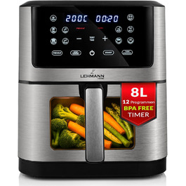 Горизонтальний фритюрник Lehmann 8л, 1800 Вт з оглядовим вікном, регулюванням температури до 200°C, 12 програм, таймером, антипригарним покриттям, для приготування на грилі, випікання та смаження з використанням технології Air Fry