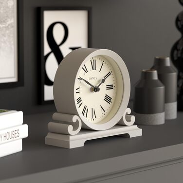 JONES CLOCKS® Saloon Table Clock | Traditional Double-Scroll Design | | Roman Numerals | Classic style for desk, table, shelf or bedside table. (Gray)