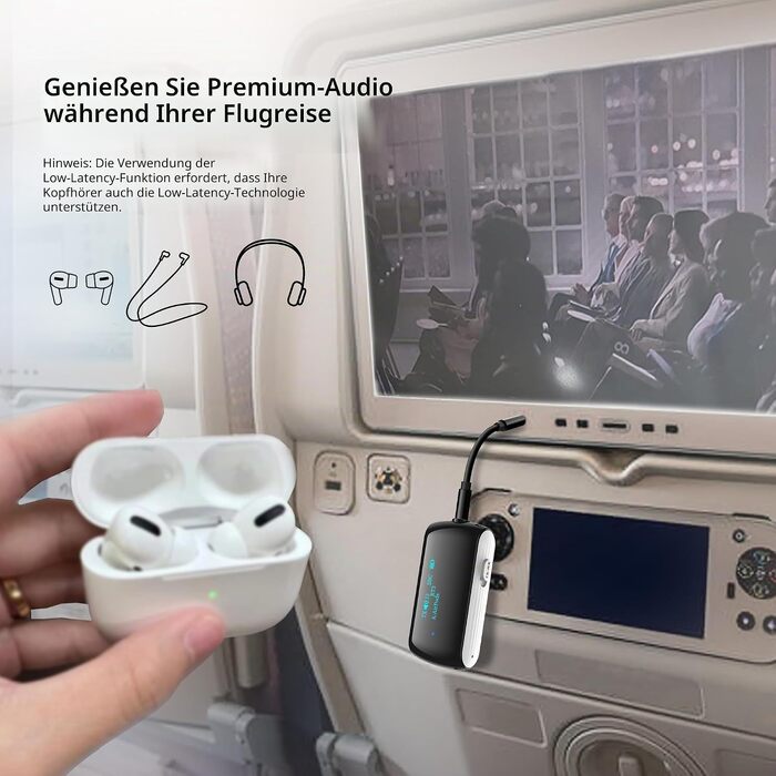 Bluetooth 5.2 адаптер для літака, передавач для 2 навушників AirPods та бездротових гарнітур (Білий)