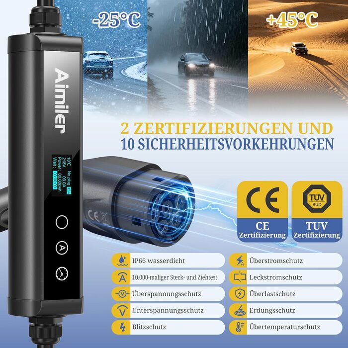 Wallbox 11 кВт з додатком, 400V (8-16A) трифазний, мобільна зарядка 7M, кабель CEE Typ 2, IP66, OLED, для електромобілів Model Y/3, ID.3/4/5, MG4, Zoe та інших PHEV/EV, 22 кВт, 32A, CE&TÜV