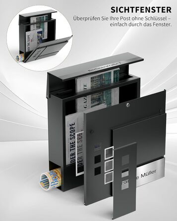 Поштовий ящик Anthrazit з гравіюванням, персоналізований, нержавіюча сталь, з відділенням для газет та замком (2 ключі) | Поштовий ящик з іменним шильдиком та номером будинку