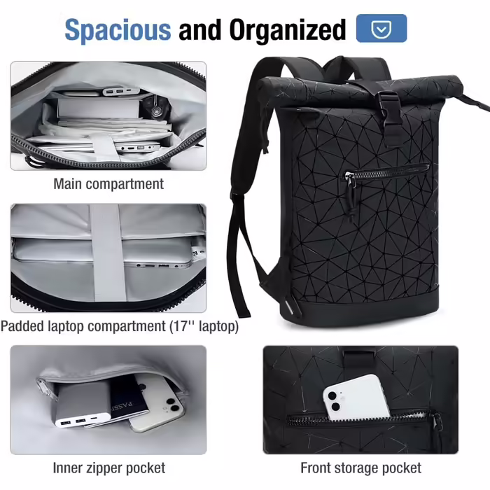 Roll-Top Backpack Waterproof for Women & Men, Large Laptop Backpack with Computer Compartment for 17-inch Laptop, Elegant Travel Backpack Daypack for Travel, Cycling, University, School - Diamond Pattern