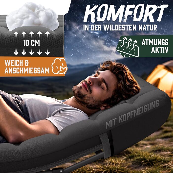 Ліжко кемпінгове розкладне ELONEO NEU Преміум з навантаженням до 200 кг | Гостьове ліжко, лежак для відпочинку в приміщенні та на вулиці | З сумкою для транспортування (Антрацит)