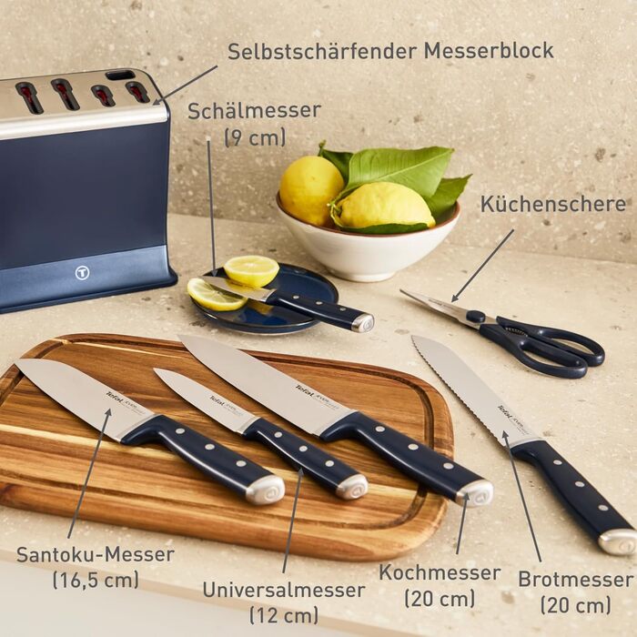 Набір ножів Tefal EverSharp Pro 6 предметів, блок для самозагострення, німецька нержавіюча сталь, синій (K297S744)