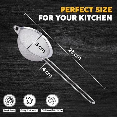 Набір сит Jojeys 3 розмірів - металеві сита з нержавіючої сталі, дрібний отвір - кухонне сито з нержавіючої сталі для приготування їжі та випічки, придатне для миття в посудомийній машині (8см)