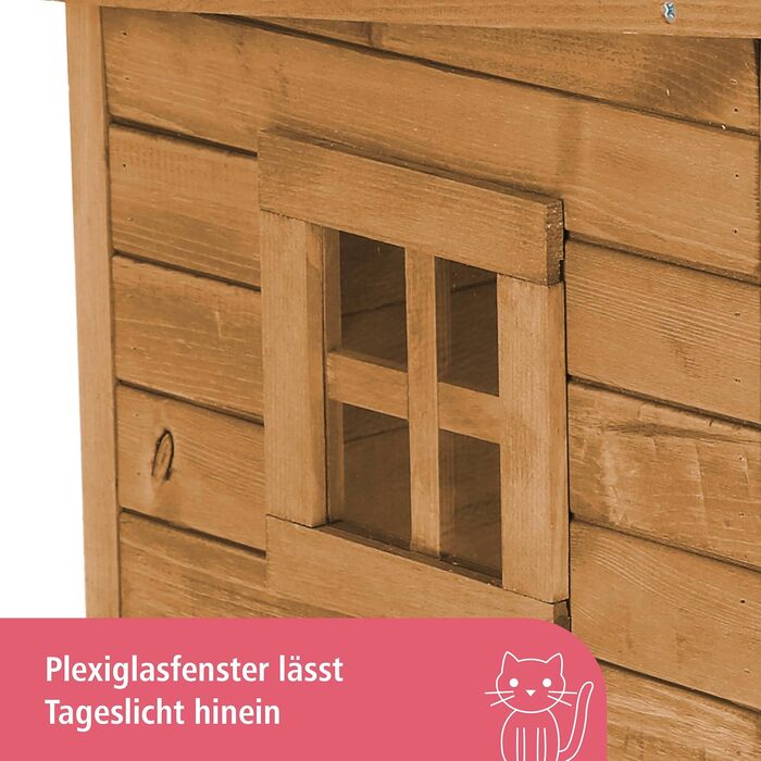 Дім для котів Kerbl Rustica з дерева, маятникова двері з ламелями, вікна з плексигласу, регульовані пластикові ніжки, коричневий/зелений, 57 x 45 x 43 см