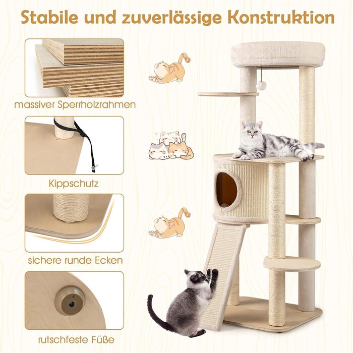 Дерев'яний кігтеточка для котів Costway 151 см з будиночком, гамаком та сизалевими стовпчиками