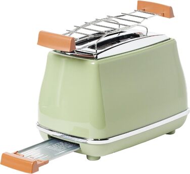 Тостер De'Longhi Icona Vintage CTOV 2103.GR Olive Green – 2 слоти, підставка для булок, 6 рівнів підсмажування, функція підігріву та розморожування, з нержавіючої сталі, ретро-дизайн