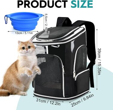 Рюкзак для кота та собаки: зручний та легкий для подорожей та прогулянок (до 9 кг), з сіткою та мискою, чорний