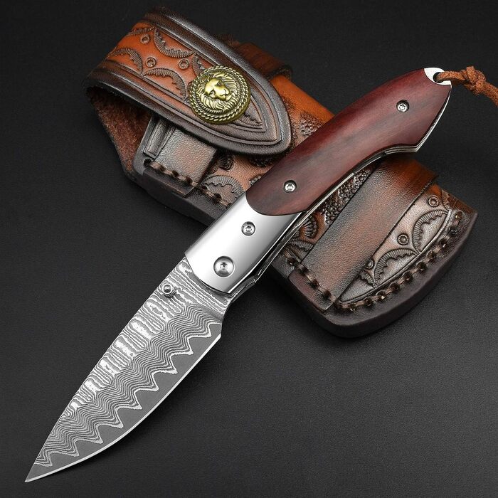 Складаний дамаський ніж NedFoss SWORDFISH 7 см, 67 шарів VG10, дерев'яна ручка, чохол і кліпса, мисливський ніж для колекції та подарунку