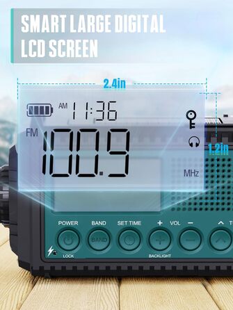 Радіо на сонячній батареї та ручному заводі Kurbelradio 12000 mAh з LED ліхтарем, AM/FM/SW, для надзвичайних ситуацій, чорний