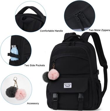 Шкільний рюкзак для підлітків: водонепроникний, з відділенням для ноутбука 15.6 дюймів, легкий, чорний