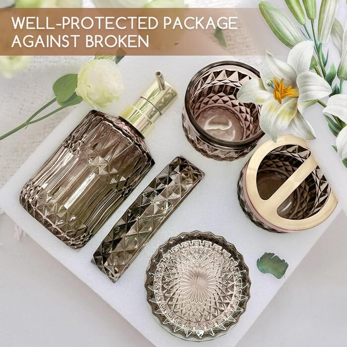 Набір аксесуарів для ванної кімнати зі скла, 5 шт. (мильниця, дозатор мила, тримач для зубних щіток, контейнер для ватних паличок, стакан) чорний