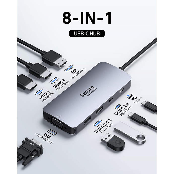 Док-станція для 2 моніторів, USB-C хаб 8 в 1: адаптер DisplayPort, HDMI, VGA, USB 2.0, PD 100W, для ноутбуків Dell, Thinkpad, Huawei (сірий)