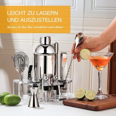 Cocktail Shaker Set, Stainless Steel Cocktail Set with 12-Piece Bar Accessories, 750ml Shaker Bartender Set with Stand, Cocktail Machine Bar Set for Home, Gifts for Men Dad Bartender (Silver)