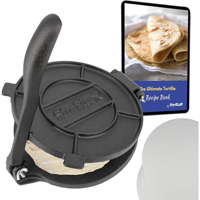 Пресс для тортилій StarBlue з чавуну, 10 дюймів (25 см) + 100 листів паперу для масла + електронна книга з рецептами - для приготування чапати, тортилій, роті (8 дюймів)