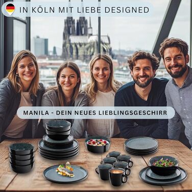 Набір посуду SÄNGER Manila 24 частини: 6 тарілок, 6 сніданок, 6 глибоких тарілок, 6 мисок для пасти, блакитний з чорним обідком, кераміка для 6 осіб