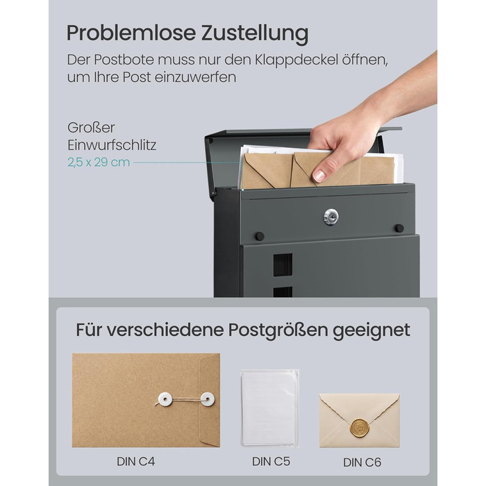 Поштовий ящик SONGMICS XXL з газетницею, антрацит, 37x37x10.5 см, з ключем, захист від реклами, сучасний, для дому та саду