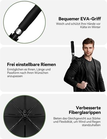 TECKNET Парасолька велика XXL, гольф-парасолька 173 см, штормостійка з подвійною конструкцією, вентильована, з ручкою EVA, для жінок та чоловіків (глибокий чорний, 163 см)